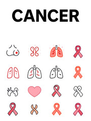 Different types of cancer Icon with breast, lung and cancer symbols vector Editable Stroke Icons Sets