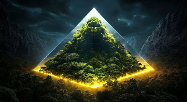 Futuristic glass pyramid with lush forest inside, glowing in a mystical landscape