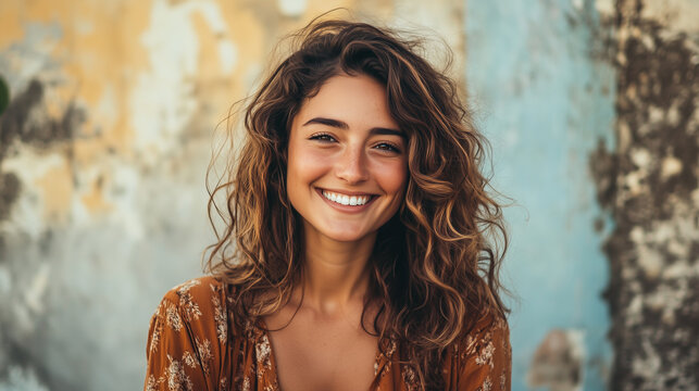 retrato de mulher com mechas no cabelo sorrindo para a c&acirc;mera