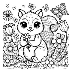 Fototapeta premium coloring page squirrel in flower garden, animal coloring page for kids, adults, releaxing coloring page, stress relief, mindfulness