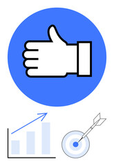 Thumbs up gesture symbolizing approval, growth bar graph with upward arrow, and target with dart. Ideal for motivation, goals, feedback, achievement, teamwork business success. Flat simple metaphor