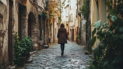 Traveler walking along a cobblestone street in a historic European town with colorful buildings and a church in the distance. Generative AI