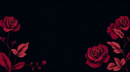 Crimson Roses against Black Backdrop: Elegant composition features vivid red roses and leaves gracefully set against a stark black background, evoking themes of passion and allure.