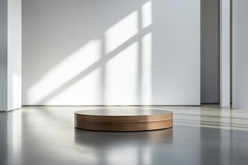 Empty minimalist art gallery interior with wooden display platform and natural sunlight