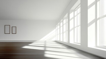 Fototapeta premium Minimalist White Room Design: Sunlight & Empty Frames