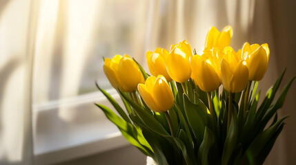 Naklejka premium Bright yellow tulips in a sunlit room create a warm and cheerful atmosphere