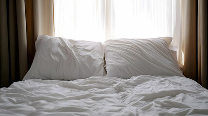 Unmade White Bed With Wrinkled Sheets And Sunlight Streaming Through Window in Cozy Bedroom