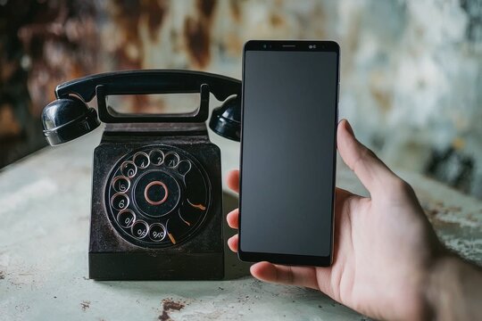 A striking contrast between a vintage rotary dial phone and a modern smartphone, highlighting the evolution of communication technology and design aesthetics. - Powered by Adobe