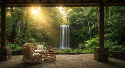Relaxing View of Waterfall From Tropical Patio at Sunrise