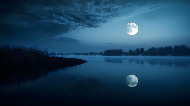Mystical Night Landscape With A Bright Full Moon Reflected In A Calm Dark Blue River Surrounded By Mist And Trees