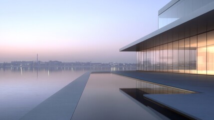 Modern Architecture by the Lake at Dusk