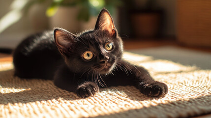Cute black kitten basking in sunbeams