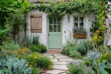 A delightful cottage entrance welcomes you, framed by a stunning array of vibrant garden flowers, all set in an idyllic and picturesque landscape