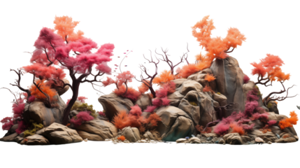 Autumnal Island Scene Miniature Rocks and Trees, Surreal Nature Landscape in Red and Pink, isolated on transparent background.
