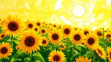 Obraz premium Golden Embrace: A field of vibrant sunflowers basks in the warm, radiant glow of the sun, creating a scene of pure, unadulterated joy and the essence of summer.