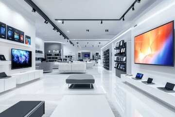 Consumer electronics showroom with sleek design. Tech displays, monitors show vivid colors, patterns. some devices like laptops, PCs on display, 32k Resolution