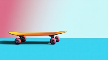 Orange skateboard on a blue surface against a pink and blue gradient background.