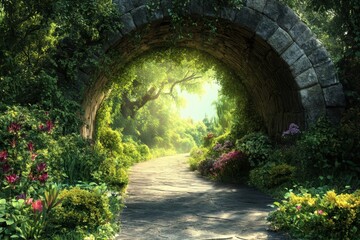 Serene walkway under a stone arch adorned with lush greenery and vibrant flowers in a vibrant garden