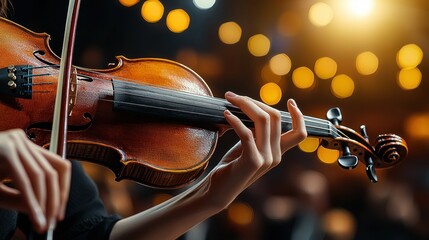 Close-up of violin play, strings, bow. Soft, blurred background with bright spots