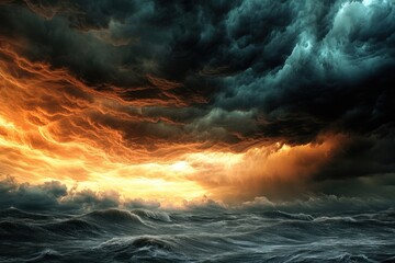 Dramatic storm clouds over turbulent ocean waves at sunset with vivid colors