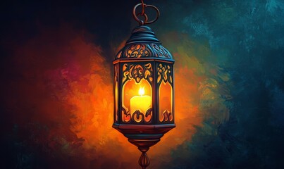 Ornamental Arabic lantern with burning candle glowing at night. Festive greeting card, invitation for Muslim holy month Ramadan Kareem.