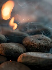 Experience the warmth of glowing hot stones in a traditional sauna setting with rising steam and natural ambiance