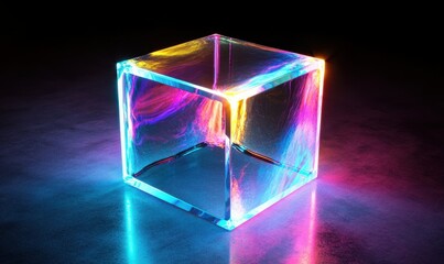 Abstract digital rendering of a glass cube reflecting neon lights, futuristic and elegant design, clean and dynamic, sharp and colorful