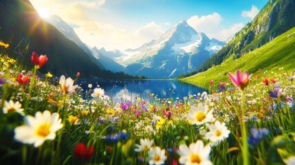 Fototapeta premium Alpine Meadow Serenity: A Breathtaking Vista of Mountain Lake and Wildflowers