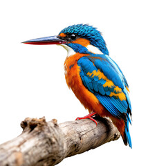 Fototapeta premium Vibrant Kingfisher Perched on Branch Against White Background