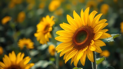 Fototapeta premium Sunflower Symphony: A vibrant field of sunflowers basking in the sunlight, showcasing their cheerful yellow petals and intricate centers, evoking warmth and happiness.