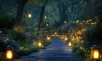 Peaceful serene forest pathway illuminated by vibrant glowing lanterns creating a magical and tranquil outdoor ambiance .