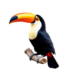 Vibrant Toucan Perched on Branch Against White Background