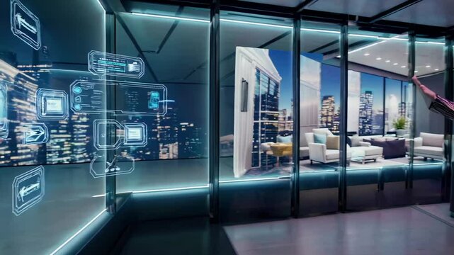 Virtual reality headset wearing professional navigating modern digital apartment, experiencing cutting edge real estate visualization with interactive technological interface