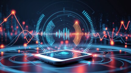 Futuristic Smartphone Interface with Data Visualization and Cityscape Background