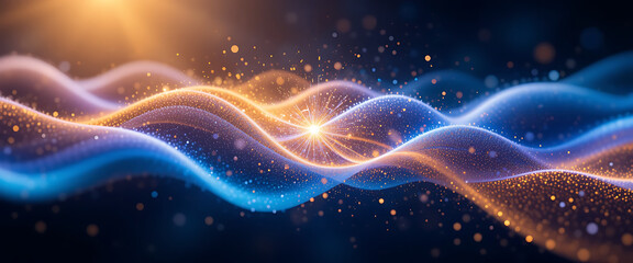 Fototapeta premium Abstract shimmering wavy golden field overlapping in blue, purple, yellow and white confront each other and collision create glowing sparkling light in a dark blue background, minimalist, quantum tech