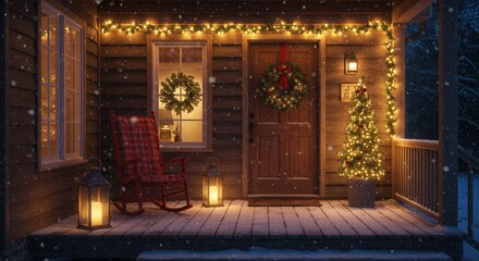 Obraz premium Festive Christmas Porch with Glowing Lights and Falling Snow Ambience