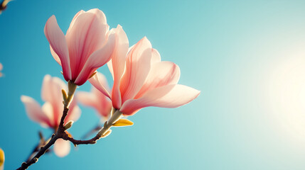 Obraz premium Beautiful magnolia blossoms under clear blue sky in springtime sunshine