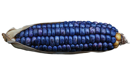Blue corn cob isolated, showcasing an organic maize variety with unique purple hues, perfect for promoting healthy, colorful, and fresh vegetable ingredients.