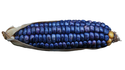 Blue corn cob isolated, showcasing an organic maize variety with unique purple hues, perfect for promoting healthy, colorful, and fresh vegetable ingredients.