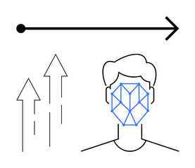 Blue geometric facial grid over head silhouette, progress arrow with dotted start, and upward arrows. Ideal for technology, AI, biometrics, security, growth innovation progress. Flat simple