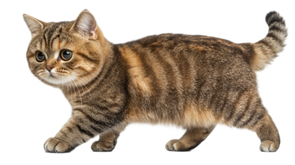 Brown Scottish British Shorthair cat breed isolated, showcasing a fluffy, adorable, and playful domestic pet with beautiful tabby fur, perfect for animal lovers.