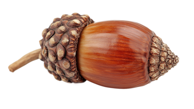 Closeup of a brown acorn isolated, symbolizing autumn, forest, and nature, ideal for fall season, wildlife, or organic food themes.