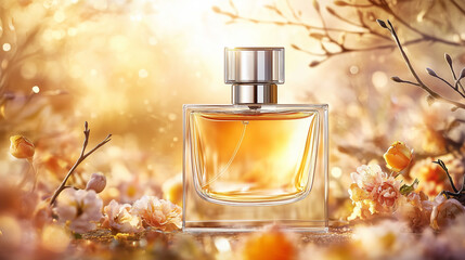 Elegant perfume bottle surrounded by spring flowers in soft golden light