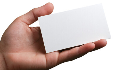 Closeup of a hand holding a blank business card isolated on transparent background, perfect for corporate, business, or branding mockups and design presentations.