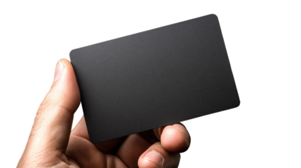 Closeup of a hand holding a blank business card isolated on transparent background, perfect for corporate, business, or branding mockups and design presentations.