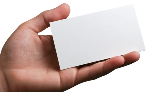 Closeup of a hand holding a blank business card isolated on transparent background, perfect for corporate, business, or branding mockups and design presentations.