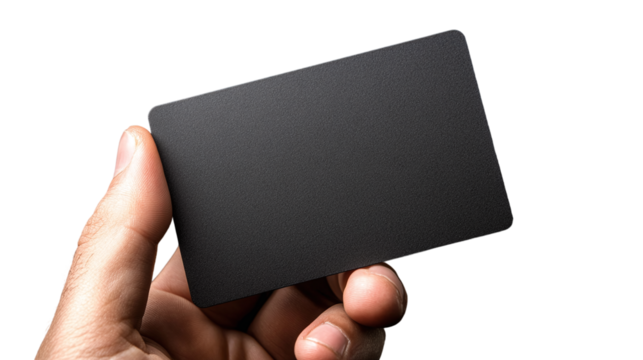 Closeup of a hand holding a blank business card isolated on transparent background, perfect for corporate, business, or branding mockups and design presentations.