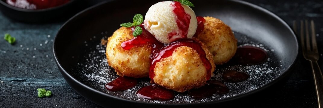 Deliciosas bolitas doradas con helado y salsa de frutos rojos, presentadas de manera atractiva en un plato oscuro.