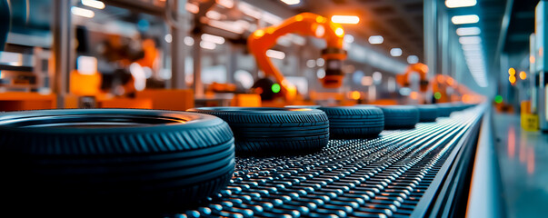 A conveyor belt with tires on it in a factory