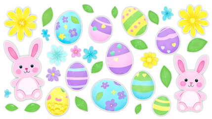 A bunch of easter eggs with bunny and flowers